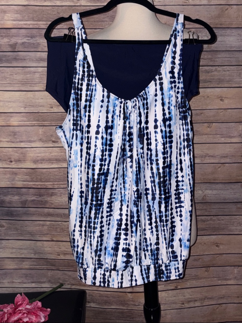Younique Navy and White Tie-Dye Swim Tankini Swimsuit.